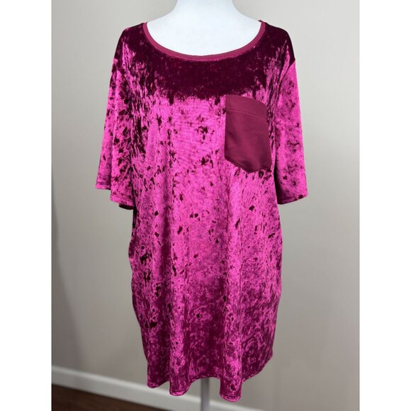 NEW Evri Top 1X Stretch Crushed Velvet Pocket Tee Shirt Magenta Pink Blouse Plus - Picture 2 of 9